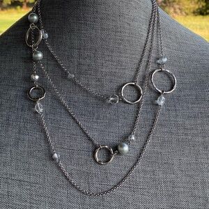 WHBM White House Black Market Necklace Silver Tone Three Strands Asymmetric